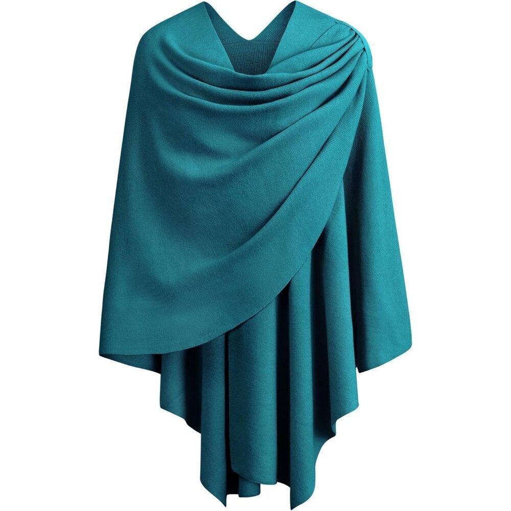 Women's 1-dark Cyan Cross Front Poncho Sweater Wrap Knitted Elegant Shawls Cape - Picture 1 of 6